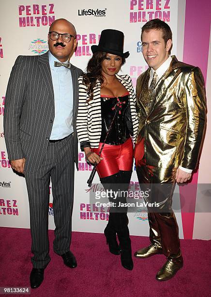 Stephen Belafonte, Melanie "Mel B" Brown and Perez Hilton attend Perez Hilton's "Carn-Evil" Theatrical Freak and Funk 32nd birthday party at...