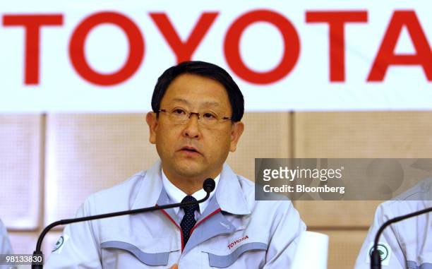 Akio Toyoda, president of Toyota Motor Corp., speaks during a news conference after the first meeting of the Special Committee for Global Quality in...