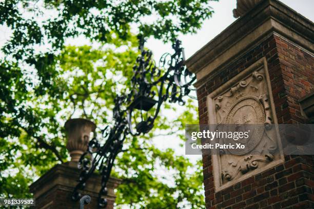 gate at harvard university, cambridge, massachusetts, usa - harvard university stockfoto's en -beelden