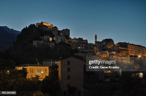 tow on hill at dusk, corte, corsica, france - órgão de corti imagens e fotografias de stock