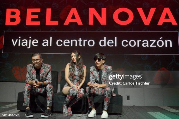 Ricardo Arreola, Denisse Guerrero and Edgar Huerta of Belanova pose during a press conference to promote their new album 'Viaje al Centro de la...