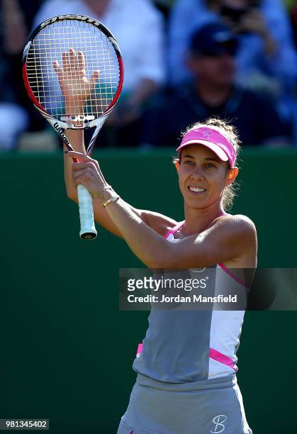 Mihaela Buzarnescu of Romania celebrates victory during her quarter-final match against Elina Svitolina of Ukraine during Day Seven of the Nature...