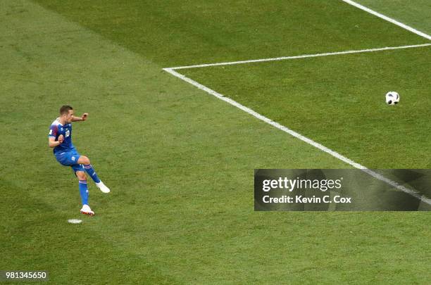 Gylfi Sigurdsson of Iceland shoots the penalty over the bar during the 2018 FIFA World Cup Russia group D match between Nigeria and Iceland at...