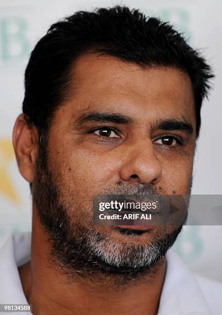 Pakistani cricket team coach Waqar Younis answers a question during a press conference at The Gaddafi Cricket Stadium in Lahore on March 29, 2010....