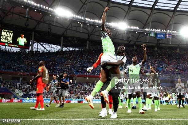 Ahmed Musa of Nigeria celebrates victory with teammates following the 2018 FIFA World Cup Russia group D match between Nigeria and Iceland at...