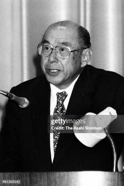 Keidanren Chairman Eishiro Saito addresses during the Keidanren general assembly on May 28, 1987 in Tokyo, Japan.