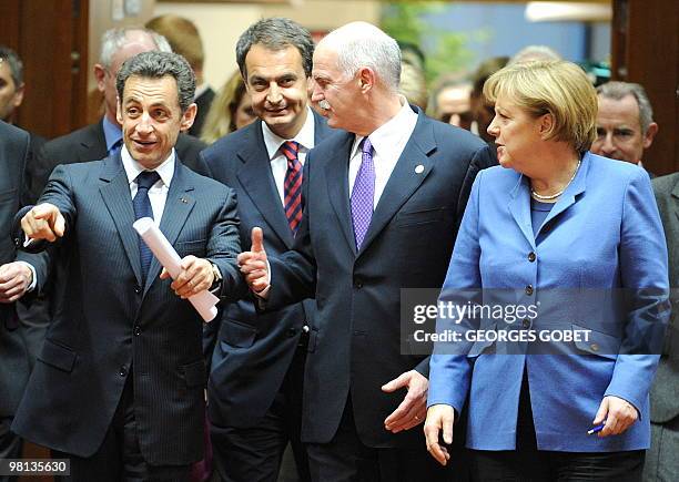 French President Nicolas Sarkozy, Spanish Prime Minister Jose Luis Zapatero, Greek Prime Minister George Papandreou and German Chancellor Angela...