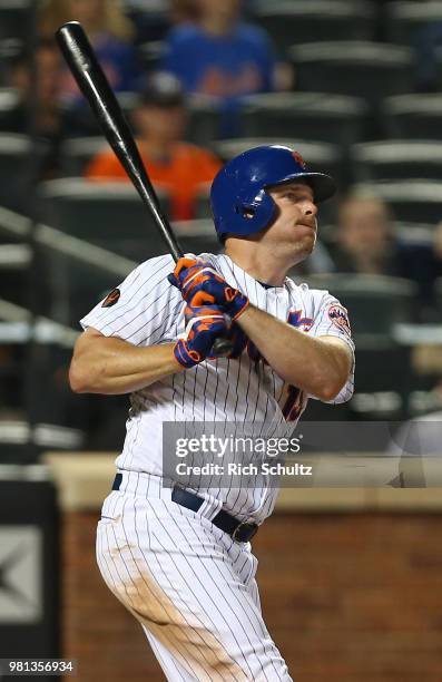 Jay Bruce of the New York Mets in action against the New York Yankees at Citi Field on June 8, 2018 in the Flushing neighborhood of the Queens...