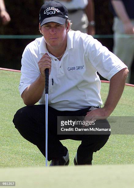 Pierre Fulke from Sweden, checks the green, during the first round of the 2001 Heineken Classic, which is being played at the Vines Golf Course,...