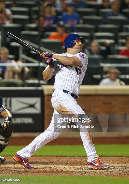 Jay Bruce of the New York Mets in action against the New York Yankees at Citi Field on June 8, 2018 in the Flushing neighborhood of the Queens...