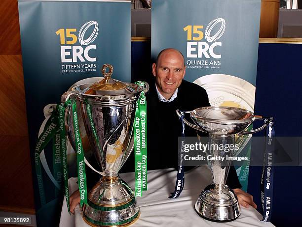 Lawrence Dallaglio, a member of the ERC15 Awards panel, who won the Heineken Cup with Wasps poses with the trophy prior to the the meeting of the...