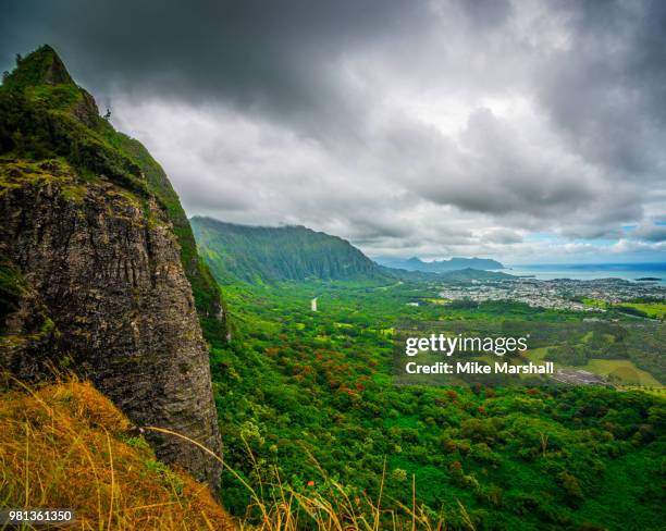 landscape of valley from nuuanu pali, oahu, hawaii, usa - glenn marshal stock pictures, royalty-free photos & images