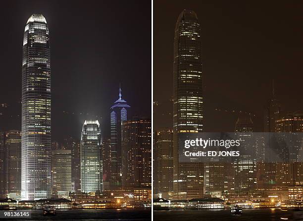 Combo photo shows the International Finance Centre tower illuminated and with its lights dimmed on Hong Kong's Victoria harbour waterfront during...
