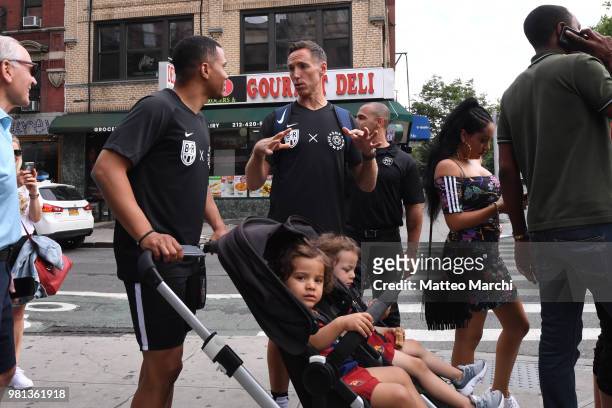 Steve Nash and Charlie Davies walk to the venue before the 2018 Steve Nash Showdown on June 20, 2018 in New York City.