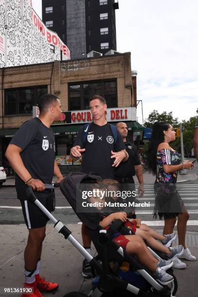 Steve Nash and Charlie Davies walk to the venue before the 2018 Steve Nash Showdown on June 20, 2018 in New York City.