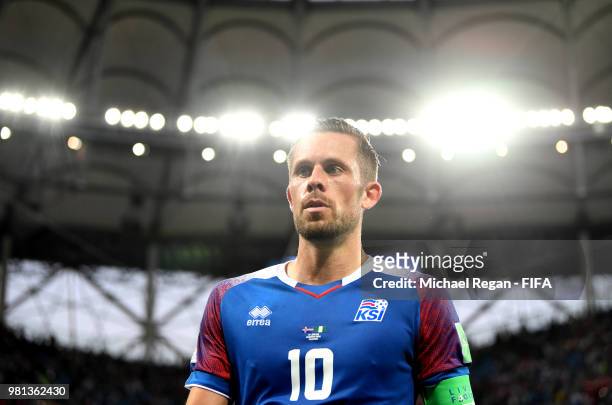 Gylfi Sigurdsson of Iceland looks dejected following his sides defeat in the 2018 FIFA World Cup Russia group D match between Nigeria and Iceland at...