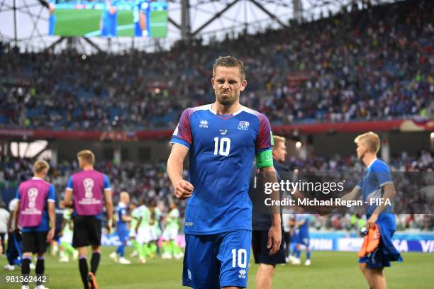 Gylfi Sigurdsson of Iceland looks dejected following his sides defeat in the 2018 FIFA World Cup Russia group D match between Nigeria and Iceland at...