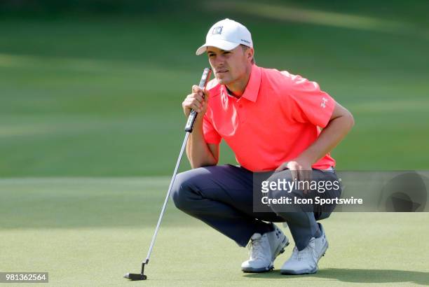 Jordan Spieth of the United States reads his putt on 15 during the Second Round of the Travelers Championship on June 22 at TPC River Highlands in...