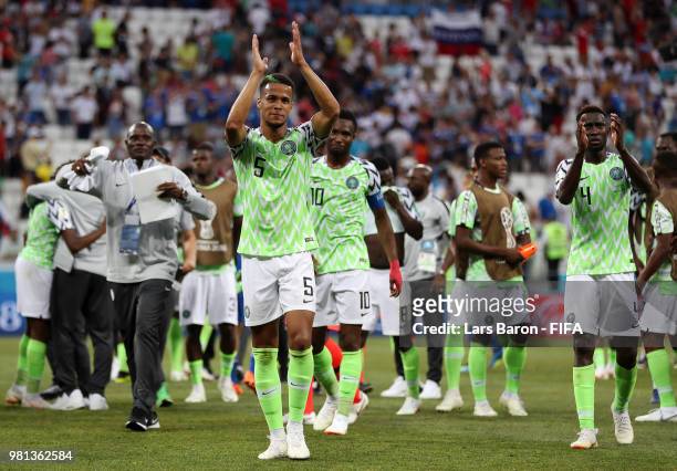 William Ekong of Nigeria applauds fans after the 2018 FIFA World Cup Russia group D match between Nigeria and Iceland at Volgograd Arena on June 22,...
