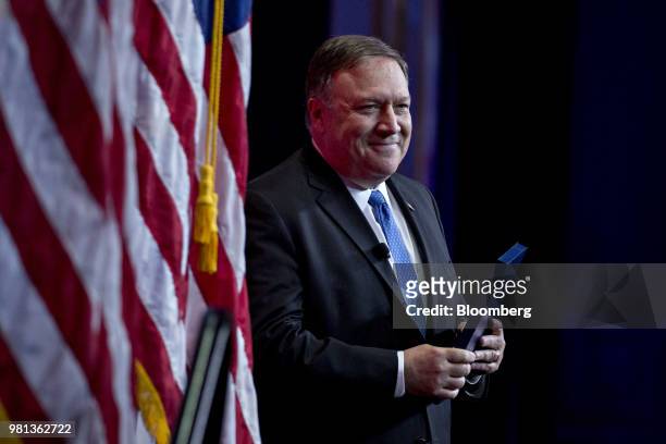 Mike Pompeo, U.S. Secretary of state, arrives to speak during the SelectUSA Investment Summit in National Harbor, Maryland, U.S., on Friday, June 22,...
