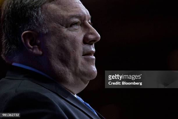 Mike Pompeo, U.S. Secretary of state, speaks during the SelectUSA Investment Summit in National Harbor, Maryland, U.S., on Friday, June 22, 2018. The...