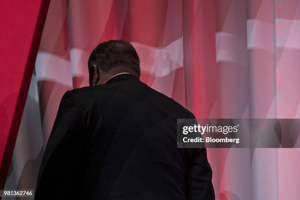 Mike Pompeo, U.S. Secretary of state, walks away after speaking during the SelectUSA Investment Summit in National Harbor, Maryland, U.S., on Friday,...