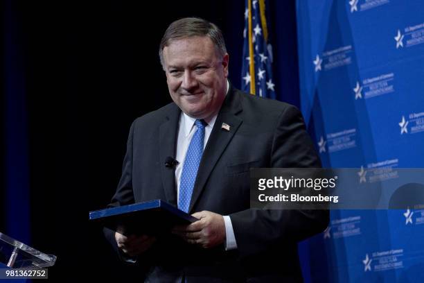 Mike Pompeo, U.S. Secretary of state, walks away after speaking during the SelectUSA Investment Summit in National Harbor, Maryland, U.S., on Friday,...