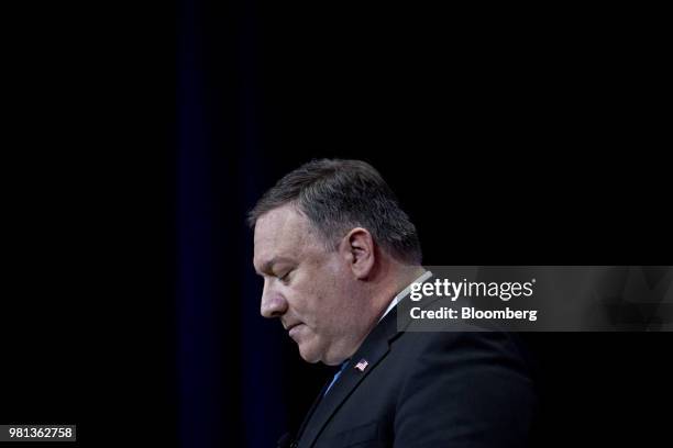 Mike Pompeo, U.S. Secretary of state, pauses while speaking during the SelectUSA Investment Summit in National Harbor, Maryland, U.S., on Friday,...