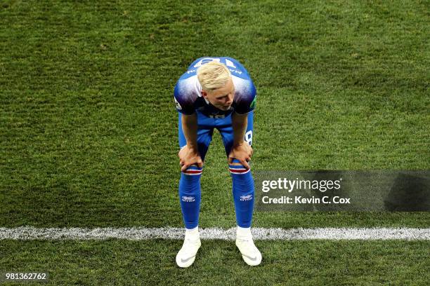 Hordur Magnusson of Iceland looks dejected following his sides defeat in the 2018 FIFA World Cup Russia group D match between Nigeria and Iceland at...