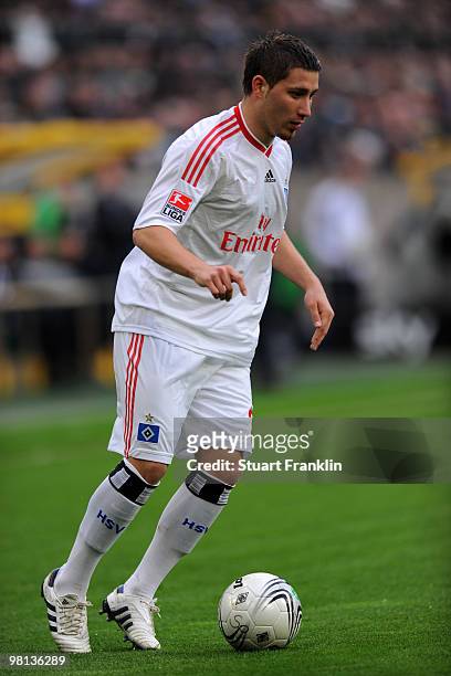 Tunay Torun of Hamburg in action during the Bundesliga match between Borussia Moenchengladbach and Hamburger SV at Borussia Park on March 28, 2010 in...
