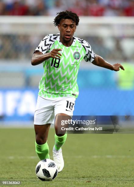 Alex Iwobi of Nigeria runs with the ball during the 2018 FIFA World Cup Russia group D match between Nigeria and Iceland at Volgograd Arena on June...