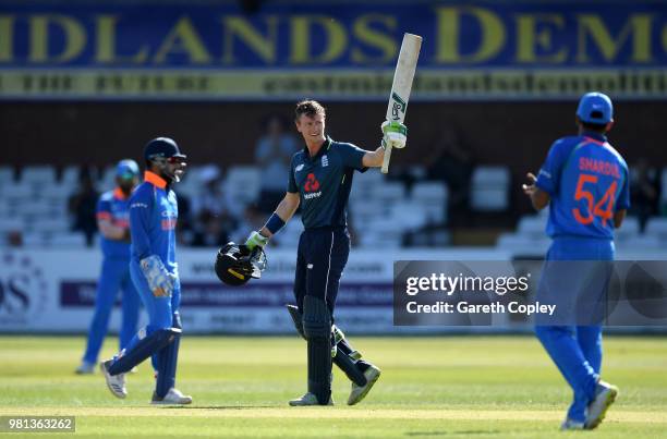 Nick Gubbins of England Lions celebartes reaching his century during the Tri-Series International match between England Lions and India A at The 3aaa...