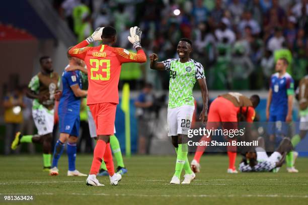 Francis Uzoho and Kenneth Omeruo of Nigeria celebrate victory following the 2018 FIFA World Cup Russia group D match between Nigeria and Iceland at...