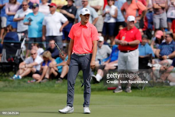 Jordan Spieth of the United States reads his line on 17 during the Second Round of the Travelers Championship on June 22 at TPC River Highlands in...