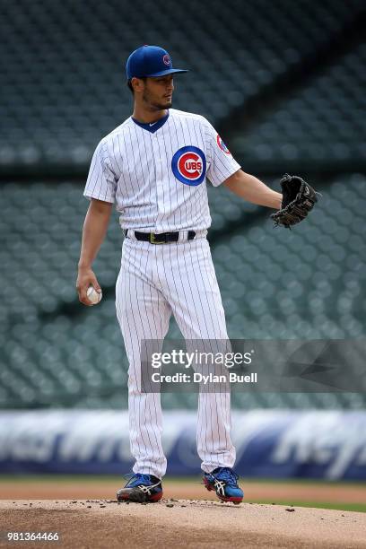 Yu Darvish of the Chicago Cubs throws a simulated game before the game against the Los Angeles Dodgers at Wrigley Field on June 20, 2018 in Chicago,...