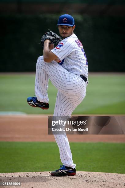 Yu Darvish of the Chicago Cubs throws a simulated game before the game against the Los Angeles Dodgers at Wrigley Field on June 20, 2018 in Chicago,...