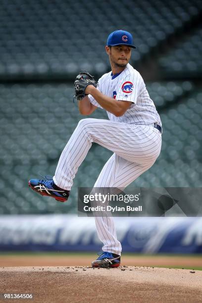 Yu Darvish of the Chicago Cubs throws a simulated game before the game against the Los Angeles Dodgers at Wrigley Field on June 20, 2018 in Chicago,...