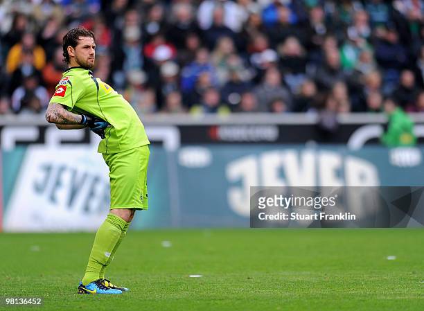 Logan Bailly of Gladbach during the Bundesliga match between Borussia Moenchengladbach and Hamburger SV at Borussia Park on March 28, 2010 in...