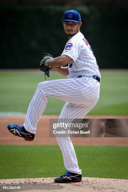 Yu Darvish of the Chicago Cubs throws a simulated game before the game against the Los Angeles Dodgers at Wrigley Field on June 20, 2018 in Chicago,...