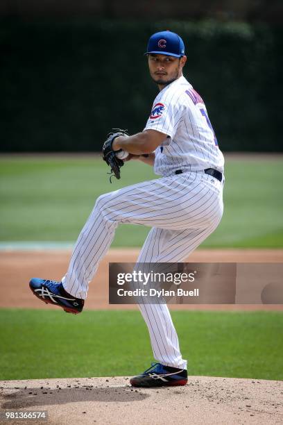 Yu Darvish of the Chicago Cubs throws a simulated game before the game against the Los Angeles Dodgers at Wrigley Field on June 20, 2018 in Chicago,...