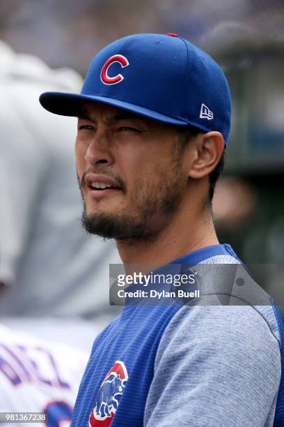Yu Darvish of the Chicago Cubs looks on from the dugout in the fourth inning against the Los Angeles Dodgers at Wrigley Field on June 20, 2018 in...