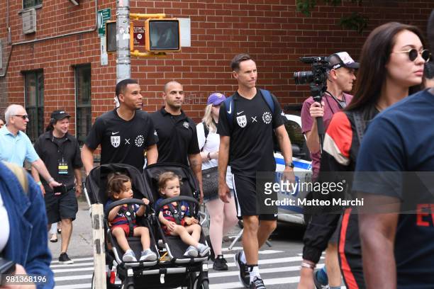 Steve Nash and Charlie Davies walk to the venue before the 2018 Steve Nash Showdown on June 20, 2018 in New York City.