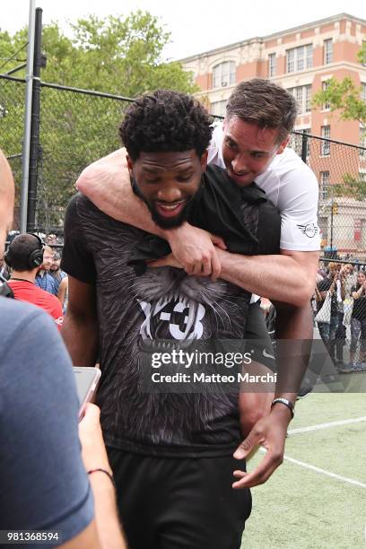 Joel Embiid with T.J. McConnell during the 2018 Steve Nash Showdown on June 20, 2018 in New York City.