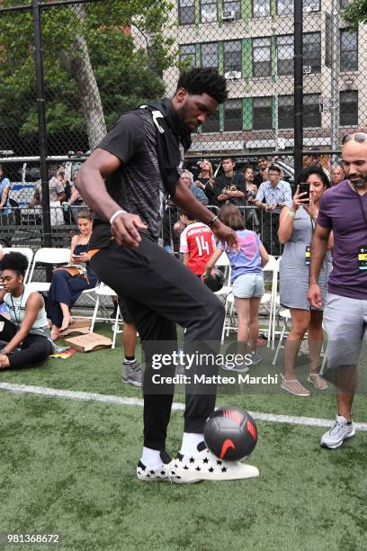 Joel Embiid attends the 2018 Steve Nash Showdown on June 20, 2018 in New York City.