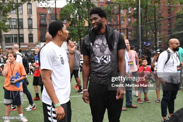 Joel Embiid with Spencer Dinwiddie during the 2018 Steve Nash Showdown on June 20, 2018 in New York City.