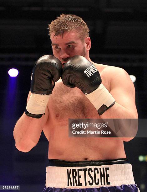 Steffen Kretschmann of Germany in action against Denis Bakhtov of Russia during the heavyweight PABA championship fight during the ran boxen knockout...