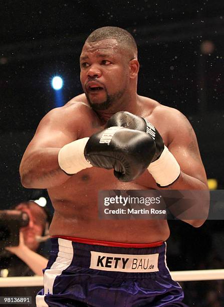 Juan Carlos Gomez of Cuba in action against Alex Mazikin of Russia during the heavyweight WBA international championship fight during the ran boxen...