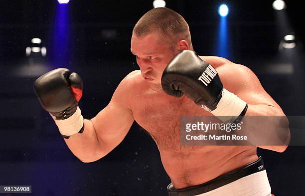 Denis Bakhtov of Russia in action against Steffen Kretschmann of Germany during the heavyweight PABA championship fight during the ran boxen knockout...
