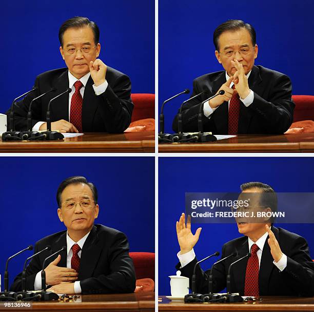 This combo shows photos of Chinese Premier Wen Jiabao gesturing during his annual press conference at the closing session of the National People's...