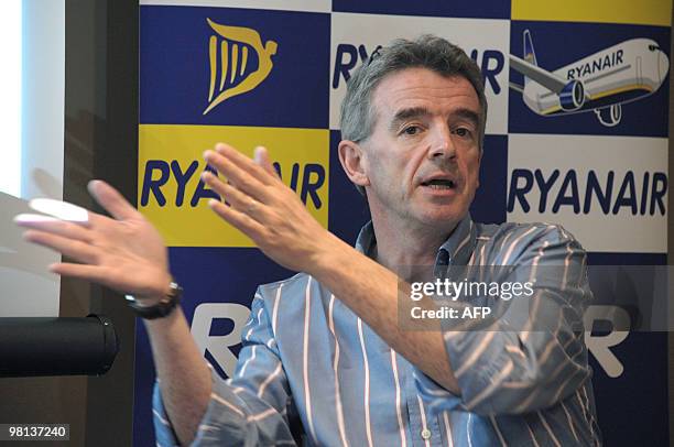 Ryanair CEO Michael O'Leary talks during a press conference in a Paris hotel on March 30, 2010. A week ago, Ryanair CEO Michael O'Leary accused Air...